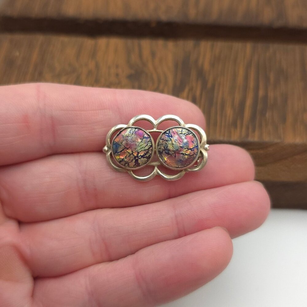 Sterling Silver Handmade Double Glass Pin Brooch A246